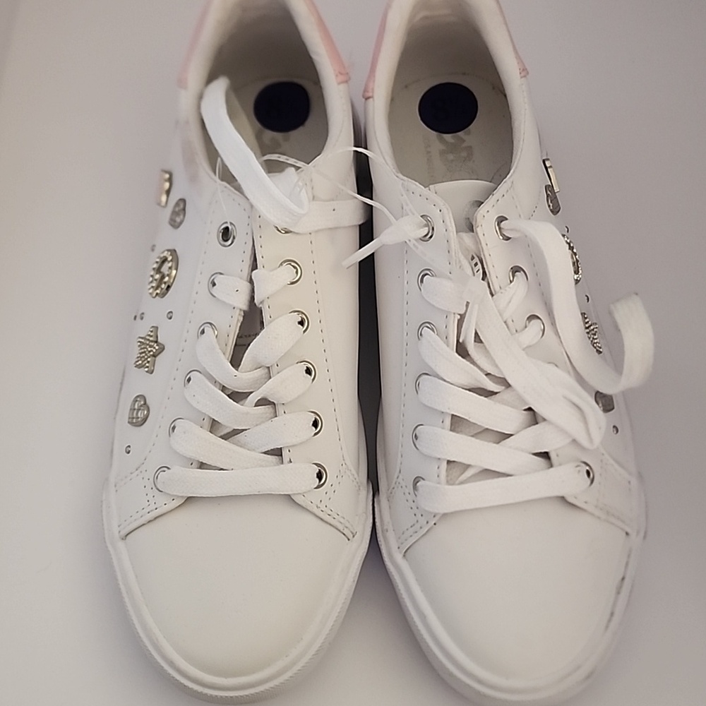 GBG Los Angeles White Sneakers with Pink Heel and Charm Accents - Picture 2 of 7